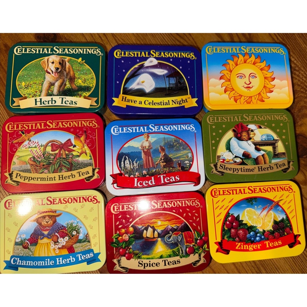 9 Collectible, Celestial Seasonings Tea Tins 3" Mini SOME VINTAGE! FREE SHIP
